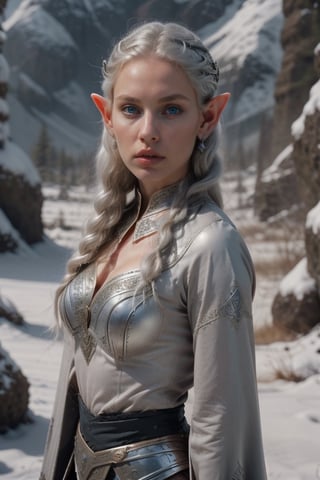 Elf, small ears, beautiful face of a woman with silver hair, white skin, blue eyes.
Dressed a outfit blacK, Warrior with blade
