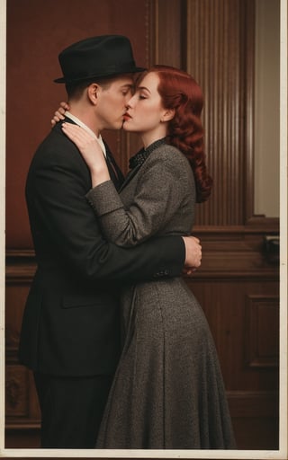 (high quality image, vintage setting, 1940s, intricate details, scene like a movie Mafia, dramátic pose, acction movie, vintage closes, vintage custome black. Full color)

RE4Leon Blondehair Man hadsome blondehair kiss a woman redhair Medium long hair redhair. 

Couple lovers vintage mafia, forced kiss , Kiss Wild, force kiss
