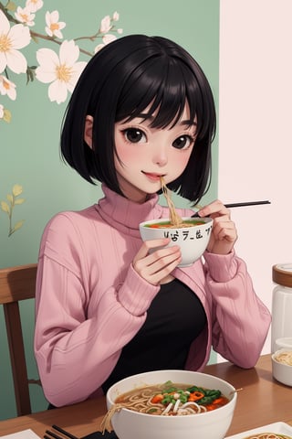 masterpiece, best quality, 1women 27 years, flatchest, facefull, smiling and Silly expression eating ramen Soup.  ( black hair bob cut style Without pullet, black eyes) , (high image quality, high definition, wallpaper quality) Pastel colours, custome pink Sweater 