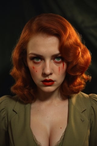 (high quality image, vintage setting 1940s, book cover, intricate details, Illumination to the face, focus un face, justo face, atmosphere of terror, scene like a movie action) 1women very beautyfull redhair, she got a expresión scared in face,  Expression of fear on the face,black background,  1940s vintage beautyfull Green eyes, orange_hair Medium Long.

Blood staining face, blood in face, horror ambient, horror picture