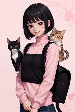 masterpiece, best quality, 1women 27 years, flatchest, facefull, smiling and Silly expressIon With a backpack in which he carries a cat.  ( black hair bob cut style Without pullet, black eyes) , (high image quality, high definition, wallpaper quality) Pastel colours, custome pink Sweater 