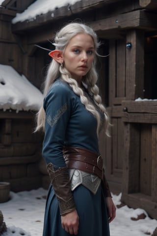 Elf, small ears, beautiful face of a woman with silver hair, white skin, blue eyes.
Dressed a outfit blacK
Inside the middle inn and tavern