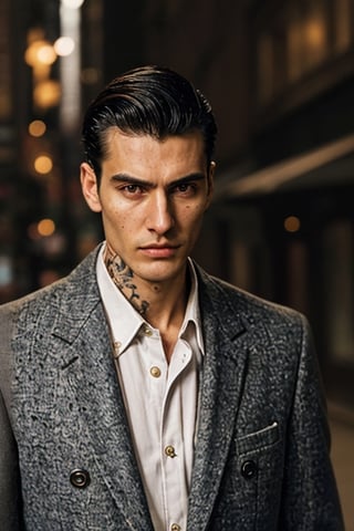 (high image quality, intricate details)
Tall attractive young man, Beautiful but manly face, black hair, modelo face, gray-eyed handsome man. Mafia boss, vintage suit from the 40s, Long black coat, vintage 1940 city background, intimidant eyes, gun In hand, angry eyes

(Tattoo in hands)