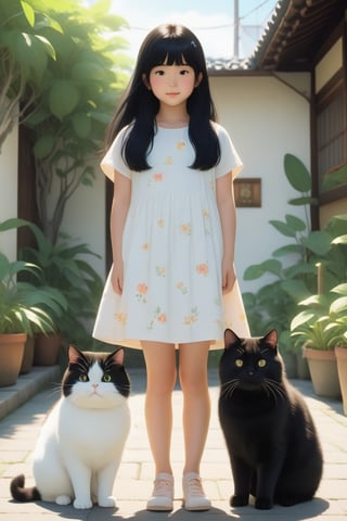 little girl standing next to cute fat cat,black hair,long hair, summer day, symmetry face, niji style, ghibli style