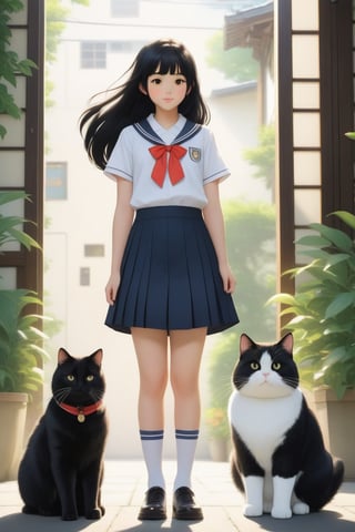 little girl standing next to cute fat cat,black hair,long hair,school uniform, short skirt, summer day, symmetry face, niji style, ghibli style