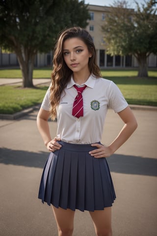 Woman, realistic, school uniform, fullbody_shot, perfect face, cute eyes, hands on hips, looking at viewer, school yard, cinematic light, SkpFace