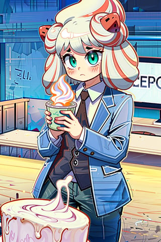 a creampie with a suit ,Alcremie, 1boy, solo, black suit, green eyes, cream head character, high quality, in a office, with a sign behind that says Mr. Cremoso, with vanilla hair cream,Germany Male