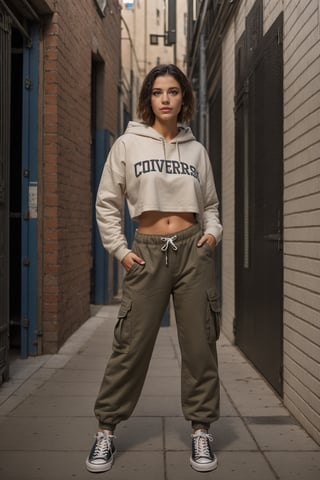 Woman, realistic, converse, cargo pants, hoodie, fullbody_shot, perfect face, cute eyes, hands on hips, looking at viewer, subway alley, cinematic light, SkpFace