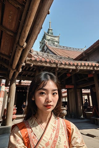 (1 girl, Asian girl, Taiwanese girl:1.5), 25 years old, looking outside, unique personality, light makeup, beautiful, vintage kimono, confidence, charming, stylish, dashing, flighty, perfect proportions, perfect perspective, cinematic lighting, film photography, ((portrait, headshot, close-up)), subtropical environment, historical old temple background, scenery, buildings, taiditional, historical, heritage, rustic, , multiple temples, court, atrium, Taiwanese temple, Hokkien architecture, (orange tiled roof, upward curve ridge roof, wooden structure), stone base, red brick wall, trees, blue sky,Masterpiece,color