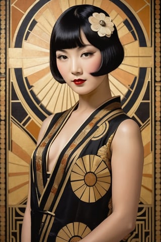 A portrait of an Asian woman, bob hair, bangs, 1920s, Taishō Roman, modan garu, flapper girl, stardom, beautiful, glamorous,
(in the style of Takehisa Yumeji), art deco, retro, old fashioned, 
looking at viewer, eye contact, vibrant, vivid, (background of fabric with black&gold&tan art-deco abstract geometric flowers), old technicolor film style, film grain, aged film stock, insanely detailed, masterpiece, extraordinary achievement, award-winning