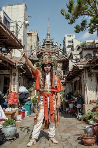 architecture, landscape, scenery, east asian architecture, court, atrium, (Taiwanese temple, Hokkien architecture, Southern Min architecture) East Asia, vintage, historical, heritage, trational, ancient, wooden structure,  (orange tiled roof, upward curve ridge roof), best quality, masterpiece, (outdoor:1.2), multiple temples, historical old cityscape, subtropical environment, rustic, stone base, brick wall,
((1boy)),(a Taiwanese man), nice hands, perfect hands, full body, twgod, Taiwanese hell police, pauldrons, helmet, holding handcuffs, holding timtoken,Masterpiece,guanhelmet