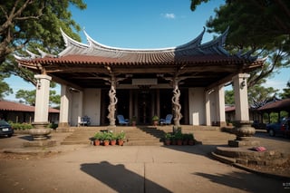 landscape, buildings, taiditional Taiwanese village, (Taiwanese temple, Hokkien architecture), Southern Min building, trees, East Asia, vintage, historical, heritage, Lukang Longshan temple, Taiwan, trational, temple, tile roof, upward curve ridge roof, blue sky, perfect proportions, perfect perspective, 32k, masterpiece, ultra realistic, best quality, hyperrealistic, photorealistic, madly detailed photo,  ,realistic