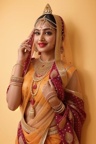 beautiful Indian 24 year girl , looking_at_camera, closeup  , on bar standing , red hair, cute face smile , tight boobs , full length pic one side pose, rajsthani traditional dress, realistic body skin, royal looking rajsthani princess , body skin texture, face glow, atrective face, toxic eyes, round face, boobs size 46, tight stomach, abs on stomach,tight boobs, half cleavage visible,clothes texture good , brown eyes, looking forward, eyes people front look, image background , beautiful rajsthani traditional village woman , wearing red golden rajasthani bra type blause, yellow pink rajasthani lehnga, stomach visible, heavy jewellery, long hairs, cute smile, shiny eyes,prity eyebrow ,nice shape body,  crossed hand, full length body, sitting in image , 8k render, realistic portrait of an Indian girl with a muscular body, showcasing natural spots, taut skin, in a confident sitting pose, adorned in traditional Rajasthani princess attire, emphasizing realism and cultural authenticity, royal rajwadi background, palace in background, traditional Indian dress, realistic, smiley face, glow face, little bit fatty face, red dress colour, pink lipstick, bold lips, dress colour same like image, dressing like image, standing pose like image all specifications like image, rajwadi jwellery pandent, necklace, realistic, dark sky blue dress.