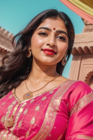 beautiful Indian 24 year girl , looking_at_camera, closeup  , on bar standing , red hair, cute face smile , tight boobs , full length pic one side pose, rajsthani traditional dress, realistic body skin, royal looking rajsthani princess , body skin texture, face glow, atrective face, toxic eyes, round face, boobs size 46, tight stomach, abs on stomach,tight boobs, half cleavage visible,clothes texture good , brown eyes, looking forward, eyes people front look, image background , beautiful rajsthani traditional village woman , wearing red golden rajasthani bra type blause, yellow pink rajasthani lehnga, stomach visible, heavy jewellery, long hairs, cute smile, shiny eyes,prity eyebrow ,nice shape body,  crossed hand, full length body, sitting in image , 8k render, realistic portrait of an Indian girl with a muscular body, showcasing natural spots, taut skin, in a confident sitting pose, adorned in traditional Rajasthani princess attire, emphasizing realism and cultural authenticity, royal rajwadi background, palace in background, traditional Indian dress, realistic, smiley face, glow face, little bit fatty face, red dress colour, pink lipstick, bold lips, dress colour same like image, dressing like image, standing pose like image all specifications like image, rajwadi jwellery pandent, necklace, realistic.