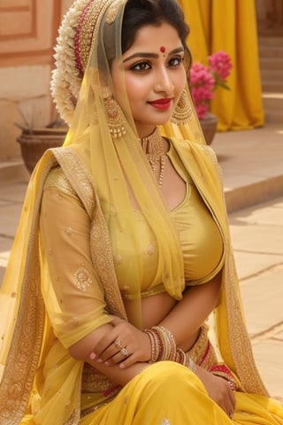 beautiful Indian 24 year girl , looking_at_camera, closeup  , on bar standing , red hair, cute face smile , tight boobs , full length pic one side pose, rajsthani traditional dress, realistic body skin, royal looking rajsthani princess , body skin texture, face glow, atrective face, toxic eyes, round face, boobs size 46, tight stomach, abs on stomach,tight boobs, half cleavage visible,clothes texture good , brown eyes, looking forward, eyes people front look, image background , beautiful rajsthani traditional village woman , wearing red golden rajasthani bra type blause, deep cut blause, yellow pink rajasthani lehnga, stomach visible, heavy jewellery, long hairs, cute smile, shiny eyes,prity eyebrow ,nice shape body,  crossed hand, full length body, sitting in image , 8k render, realistic portrait of an Indian girl with a muscular body, showcasing natural spots, taut skin, in a confident sitting pose, adorned in traditional Rajasthani princess attire, emphasizing realism and cultural authenticity, royal rajwadi background, palace in background, traditional Indian dress, realistic, smiley face, glow face, little bit fatty face, red dress colour, pink lipstick, bold lips, dress colour same like image, dressing like image, standing pose like image all specifications like image, rajwadi jwellery pandent, necklace, realistic.