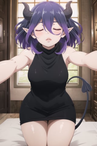 1girl, vermeil, short hair, purple hair, hair between eyes, small demon horns, pointy ears, thin demon tail, black turtleneck dress, sleeveless dress, backless dress,masterpiece, best quality, flushed, closed eyes, , pov, kiss, peck lips, (round lips:1.3), (thick lips:1.3), incoming kiss, outstretched arms,tight clothes,eft_vermeil