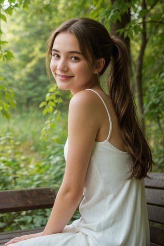 Warm sunlight frames the 13-year-old girl's face, highlighting her bright blue eyes that sparkle with curiosity. She sits on a worn wooden bench, her long brown hair loosely tied in a ponytail, as she gazes out at the lush greenery surrounding her. The gentle breeze rustles the leaves, and her subtle smile hints at a secret only nature knows, as she sits amidst the serene forest atmosphere.