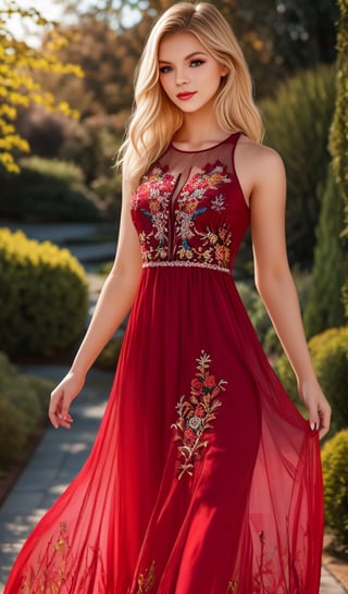 Beautiful young woman, blonde, clear facial features, (wearing a beautiful red long dress with an ornament of colorful embroidery), model body pose, sunny day, botanical garden, realistic