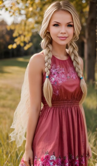 1girl, beautiful young woman, blonde, dressed in colorful dress, with braided hair, sunny day, nature, realistic