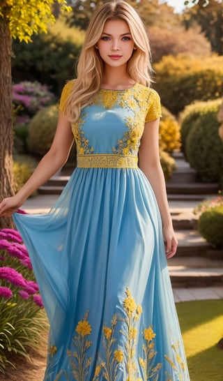 Beautiful young woman, blonde, clear facial features, (wearing a beautiful blue and yellow long dress with an ornament of colorful embroidery), model body pose, sunny day, botanical garden, realistic