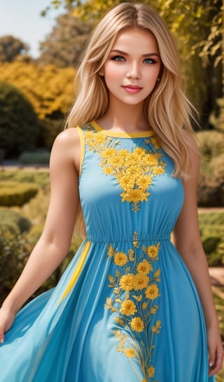 Beautiful young woman, blonde, clear facial features, (wearing a beautiful blue and yellow long dress with an ornament of colorful embroidery), model body pose, sunny day, botanical garden, realistic