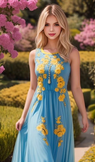 Beautiful young woman, blonde, clear facial features, (wearing a beautiful blue and yellow long dress with an ornament of colorful embroidery), model body pose, sunny day, botanical garden, realistic