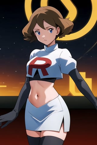 (best quality), (highly detailed), masterpiece, (official art), Team Rocket, cropped jacket, white jacket, crop top, jacket, gloves, black gloves, elbow gloves, navel, midriff, white skirt, miniskirt, skirt, black thighhighs,, looking at viewer, china, asiática, city, night, sky, (intricately detailed, hyperdetailed), blurry background,depth of field, best quality, masterpiece, intricate details, tonemapping, sharp focus, hyper detailed, trending on Artstation,1 girl, high res, official art,