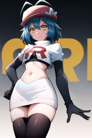 Team Rocket, cropped jacket, white jacket, crop top, jacket, gloves, black gloves, elbow gloves, navel, midriff, white skirt, miniskirt, skirt, black thighhighs, looking down at viewer,(intricately detailed, hyperdetailed), blurry background,depth of field, best quality, masterpiece, intricate details, tonemapping, sharp focus, hyper detailed, trending on Artstation,1 girl, high res, official art,hands on hips,glaring angrily,Millium Orion, blue hair, short hair, antenna hair, ahoge, yellow eyes,black hat, headwear