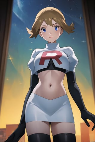 (best quality), (highly detailed), masterpiece, (official art), Team Rocket, cropped jacket, white jacket, crop top, jacket, gloves, black gloves, elbow gloves, navel, midriff, white skirt, miniskirt, skirt, black thighhighs,, looking at viewer, china, asiática, city, night, sky, (intricately detailed, hyperdetailed), blurry background,depth of field, best quality, masterpiece, intricate details, tonemapping, sharp focus, hyper detailed, trending on Artstation,1 girl, high res, official art,