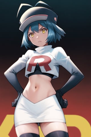 Team Rocket, cropped jacket, white jacket, crop top, jacket, gloves, black gloves, elbow gloves, navel, midriff, white skirt, miniskirt, skirt, black thighhighs, looking down at viewer,(intricately detailed, hyperdetailed), blurry background,depth of field, best quality, masterpiece, intricate details, tonemapping, sharp focus, hyper detailed, trending on Artstation,1 girl, high res, official art,hands on hips,glaring angrily,Millium Orion, blue hair, short hair, antenna hair, ahoge, yellow eyes,black hat, headwear