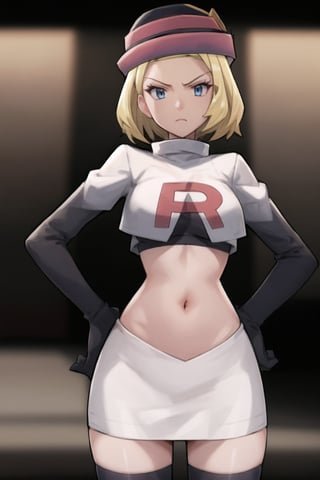 Team Rocket, cropped jacket, white jacket, crop top, jacket, gloves, black gloves, elbow gloves, navel, midriff, white skirt, miniskirt, skirt, black thighhighs, looking down at viewer,(intricately detailed, hyperdetailed), blurry background,depth of field, best quality, masterpiece, intricate details, tonemapping, sharp focus, hyper detailed, trending on Artstation,1 girl, high res, official art,hands on hips,glaring angrily,Theresia Caroline,short hair,blonde hair,blue eyes,garrison_cap