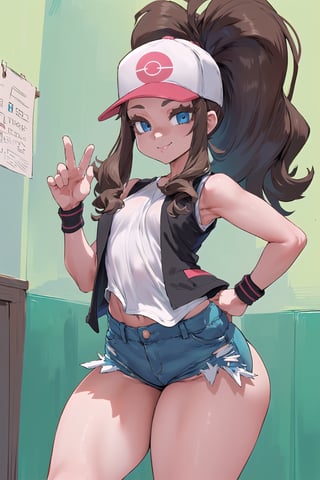 ((Masterpiece)), (((hilda))), ((room background)), ((hilda pokemon, baseball cap, vest,  smile, denim shorts, eyelashes, high ponytail, white shirt, sidelocks, short shorts, sleeveless, solo, looking at viewer,  sleeveless shirt, black vest, wristband)), ((looking at viewer)), ((brown hair)), (blue eyes), (((thick thighs))),