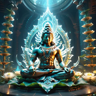 Epic a large cristal diamond sculpture of a shiva male sitting on a large lotus, in acient temple dark, volumetric fog,((He holds the trident in his right hand)), (epic scene, Extremely intricate details on the body, glowing fireflies, sacret geometry spectral,( shiva's halo), Hyperrealism), ultra masterpice, unreal engine, ultra detailed, cinematic, breathtaking, style RAW, stunning environment, ((wide_shot, view_from_below, epic theme)),DonMG414XL,DonMPl4sm4T3chXL,husk,