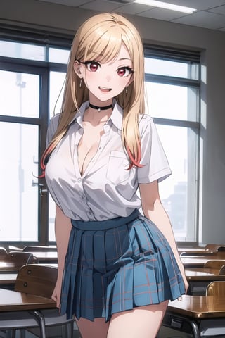 marinkitagawa, 1girl, solo, marin kitagawa, narrow body, large breast, hourglass body, cleavage, long hair, bangs, blonde hair, (red eyes:1.5), eyeliner, long eyelashes, sparkling eyes, unbuttoned eyes, multicolored hair, smile, gloss lips, open mouth, grin,BREAK skirt, shirt, school uniform, white shirt, pleated skirt, earrings, choker, blue skirt, plaid, black choker, plaid skirt, beutyfull thighs, beutyfull legs, BREAK indoors, classroom, (leaning forward:1.3), (be approaching), BREAK looking at viewer, (cowboy shot:1.5),BREAK (masterpiece:1.2), best quality, high resolution, unity 8k wallpaper, (illustration:0.8), (beautiful detailed eyes:1.6), extremely detailed face, ambient lighting, dynamic light, intricate detailed, (perfect hands, perfect anatomy), well-balanced composition, 