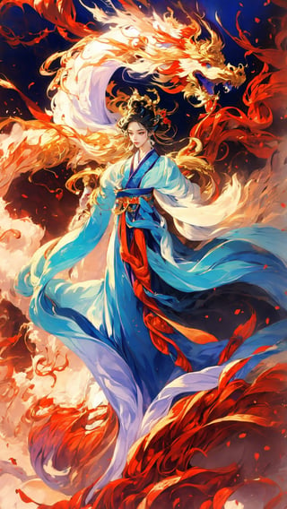 masterpiece, top quality, best quality, official art, beautiful and aesthetic:1.2), (1girl:1.9), purple-blue color long hair, ((multi-colored hanfu fashion)), wind blows, chinese dragon, golden line, (red theme:1.3), ultra-high quality, photorealistic, sky background, dynamic pose, icemagicAI