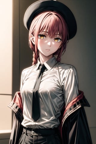 makima-csm, 1girl, solo, masterpiece, high_res, red hair, one long braid, golden eyes, ringed_eyes, elegant suit, black suit jacket, closed jacket, black necktie, white shirt, black pants, black top-hat, white belt, upper_body