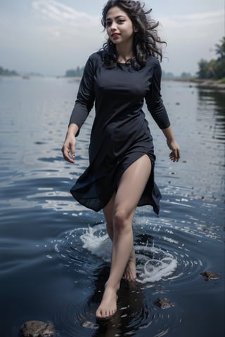 (8K, Raw-Photo, Top Quality, ​masterpiece: 1.45), 1girl, yound beautiful Indian girl, , , light green scales arms and legs, Indian white face with makeup, film, photography realism, film grains, smooth skin, ultra long stright hair flowing in the water, small breast, , (perfect long legs:1.38), hourglass body shape, walking under water, barefoot, smile, wide hip, dark and fog background, realistic water and ice around her body, dark environment,Mallu girl