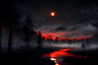 forest, river, fog, nighttime, moon, scenery, masterpiece, best quality, ultra-detailed, illustration, cinematic lighting, red clouds