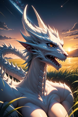 white dragon, white skin, life-size-body, human body porportion, headshot portrait, night sky, sunset, grass, scenery, highres, high quality, highly detailed