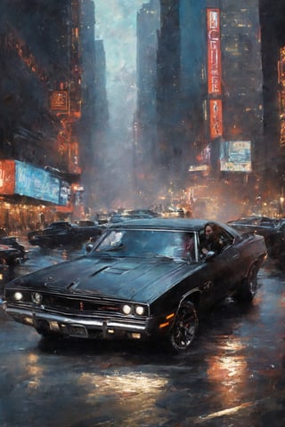 Highly detailed. John Wick Sitting in a DODGE CHARGER without doors, shooting from the driver's seat. in fierce combat, in new york city night, close up, Thomas Kinkade