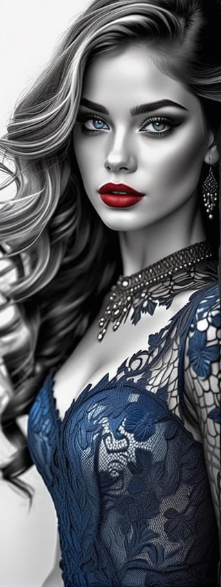 Pencil illustration, black and white, girl adorned with a lacy dress, her makeup enhancing her features, filigree adding elegance, (((shiny blue eyes, shiny red lips))), octane rendering, ultra-detailed, hyper-realistic, high quality masterpiece, shadows and textures creating depth and dimension, chiaroscuro effect, intricate details captured in each strand of hair and stitch of the dress. ,darkart