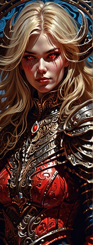 A dark comic art masterpiece depicting a cowgirl with long, wavy blonde hair in the old west town. The scene is dominated by chiaroscuro and sharp ink lines, creating a high stakes atmosphere. The cowgirl, adorned in a beautiful red armor, faces a formidable, ferocious dragon. The dragon, with its blue orb in tow, is rendered in intricate, abstract surreal detail, with low-poly, simplified shapes. The composition is a mix of acrylic painting, watercolor, oil painting, photography, and digital art, with brush strokes and dark red color pops. The cowgirl, with her seductive smile and red eyes, dons an opalescent armor, illuminated from within by bright damask pattern art by Demiurge Ash. The artwork, coherent and symmetrical, is rendered in 3D using Unreal Engine, with micro details and clear glass intricacies. The portrait is highly detailed and ultra detailed, suitable for 8k resolution, and showcases a beautiful, elegant person. The artwork trends on Artstation and exhibits a smooth, sharp focus, influenced by the styles of Artgerm, Tomasz Alen Kopera, Giger, Wlop, DonMCyb3rN3cr0XL, Fantasyextures, and Ominous shadows.