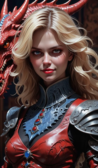 A dark comic art masterpiece depicting a cowgirl with long, wavy blonde hair in the old west town. The scene is dominated by chiaroscuro and sharp ink lines, creating a high stakes atmosphere. The cowgirl, adorned in a beautiful red armor, faces a formidable, ferocious dragon. The dragon, with its blue orb in tow, is rendered in intricate, abstract surreal detail, with low-poly, simplified shapes. The composition is a mix of acrylic painting, watercolor, oil painting, photography, and digital art, with brush strokes and dark red color pops. The cowgirl, with her seductive smile and red eyes, dons an opalescent armor, illuminated from within by bright damask pattern art by Demiurge Ash. The artwork, coherent and symmetrical, is rendered in 3D using Unreal Engine, with micro details and clear glass intricacies. The portrait is highly detailed and ultra detailed, suitable for 8k resolution, and showcases a beautiful, elegant person. The artwork trends on Artstation and exhibits a smooth, sharp focus, influenced by the styles of Artgerm, Tomasz Alen Kopera, Giger, Wlop,darkart