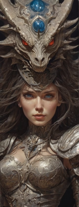 A dark comic art masterpiece depicting a cowgirl with long, wavy hair in the old west town. The scene is dominated by chiaroscuro and sharp ink lines, creating a high stakes atmosphere. The cowgirl, adorned in a beautiful white armor, faces a formidable, ferocious dragon. The dragon, with its blue orb in tow, is rendered in intricate, abstract surreal detail, with low-poly, simplified shapes. The composition is a mix of acrylic painting, watercolor, oil painting, photography, and digital art, with brush strokes and dark red color pops. The cowgirl, with her seductive smile and blue  eyes, dons an opalescent armor, illuminated from within by bright damask pattern art by Demiurge Ash. The artwork, coherent and symmetrical, is rendered in 3D using Unreal Engine, with micro details and clear glass intricacies. The portrait is highly detailed and ultra detailed, suitable for 8k resolution, and showcases a beautiful, elegant person. The artwork trends on Artstation and exhibits a smooth, sharp focus, influenced by the styles of Artgerm, Tomasz Alen Kopera, Giger, Wlop, DonMCyb3rN3cr0XL, Fantasyextures, and Ominous shadows.