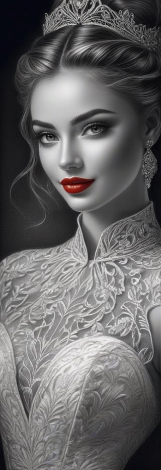 Pencil illustration, black and white, girl adorned with a white sheer dress, her makeup enhancing her features, filigree adding elegance, (((shiny blue eyes, shiny red lips))), octane rendering, ultra-detailed, hyper-realistic, high quality masterpiece, shadows and textures creating depth and dimension, chiaroscuro effect, intricate details captured in each strand of hair and stitch of the dress. ,darkart