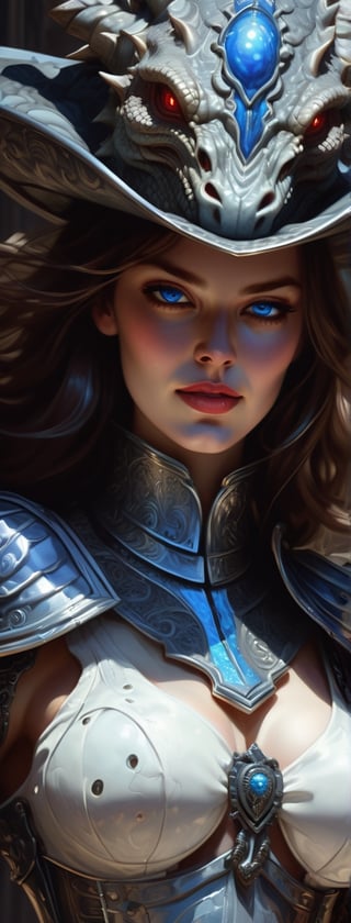 A dark comic art masterpiece depicting a cowgirl with long, wavy hair in the old west town. The scene is dominated by chiaroscuro and sharp ink lines, creating a high stakes atmosphere. The cowgirl, adorned in a beautiful white armor, faces a formidable, ferocious dragon. The dragon, with its blue orb in tow, is rendered in intricate, abstract surreal detail, with low-poly, simplified shapes. The composition is a mix of acrylic painting, watercolor, oil painting, photography, and digital art, with brush strokes and dark red color pops. The cowgirl, with her seductive smile and blue  eyes, dons an opalescent armor, illuminated from within by bright damask pattern art by Demiurge Ash. The artwork, coherent and symmetrical, is rendered in 3D using Unreal Engine, with micro details and clear glass intricacies. The portrait is highly detailed and ultra detailed, suitable for 8k resolution, and showcases a beautiful, elegant person. The artwork trends on Artstation and exhibits a smooth, sharp focus, influenced by the styles of Artgerm, Tomasz Alen Kopera, Giger, 