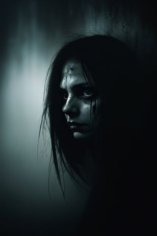 Create a dark, moody photograph capturing a woman in the foreground, engulfed in an ethereal, otherworldly haze, as malevolent demons lurk in the shadows behind her, their eyes glowing with an insatiable hunger. The contrast between her vulnerability and their threatening presence creates a sense of unease and tension