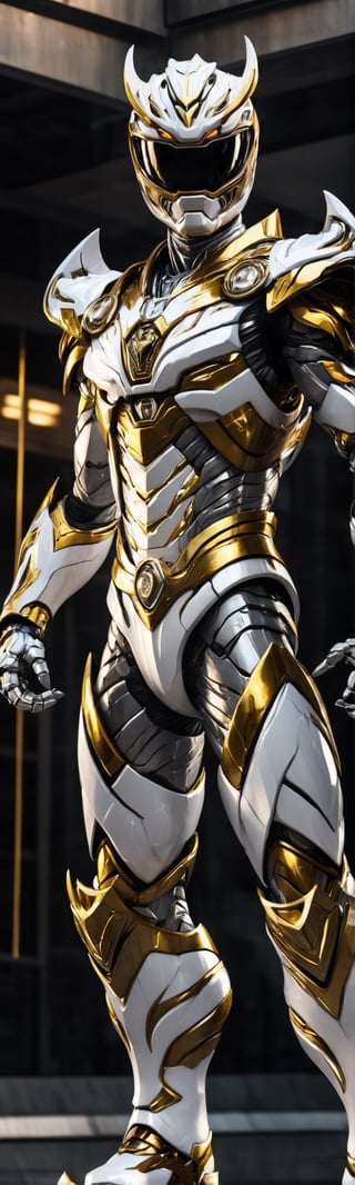 Angry white power ranger mecha robo soldier character, anthropomorphic figure, wearing futuristic white soldier armor and weapons, reflection mapping, realistic figure, hyperdetailed, cinematic lighting photography, 32k uhd with a golden staff, gold lighting on suit, 

By: panchovilla,mecha