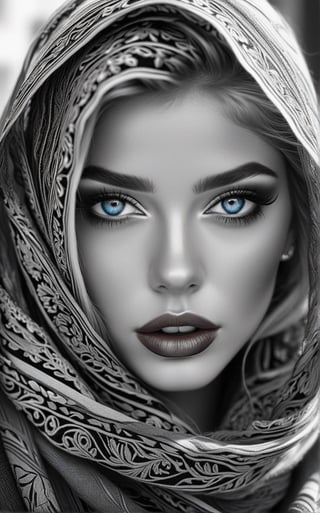 Pencil illustration, black and white, girl adorned with a scarf, her makeup enhancing her features, filigree adding elegance, (((shiny blue eyes, shiny red lips))), octane rendering, ultra-detailed, hyper-realistic, high quality masterpiece, shadows and textures creating depth and dimension, chiaroscuro effect, intricate details captured in each strand of hair and stitch of the scarf.