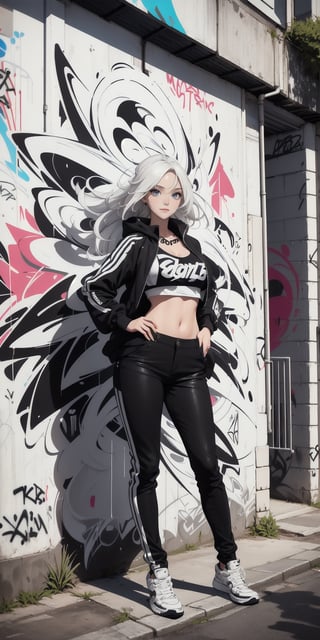  graffiStyle, soft lines, (Graffiti of Morgana, random pose, full body: 1.2) (black_and_white hair:1.2), (street art, graffiti:1.1), abstract, masterpiece, high quality, high_res, high contrast, vibrant, detailed,